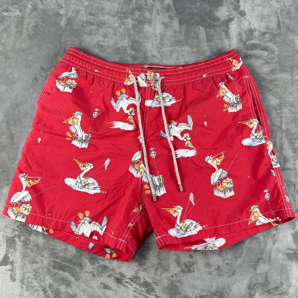Vilebrequin Swim Trunks Mens XL Moorea Red Pelican Fishing Print EUC